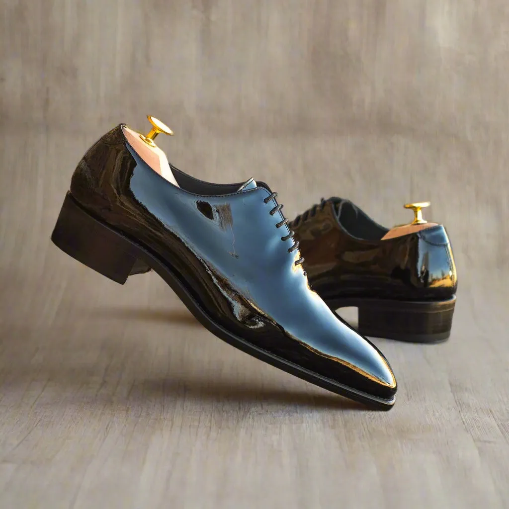 Ambrogio Bespoke Custom Men's Shoes Black Patent Leather Wholecut Formal Oxfords (AMB1871)