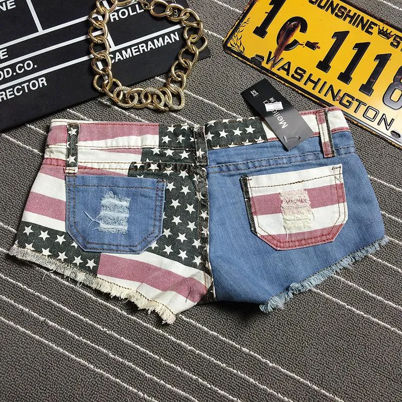 American Flag Print Ripped Rough Edges Club Shorts