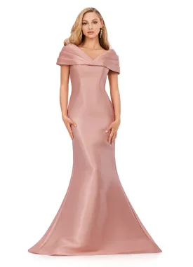 Ashley Lauren 11300 Phantom Satin Evening Gown Mother of Dress Pleated Off The Shoulder Cape Mermaid Sweeping Train