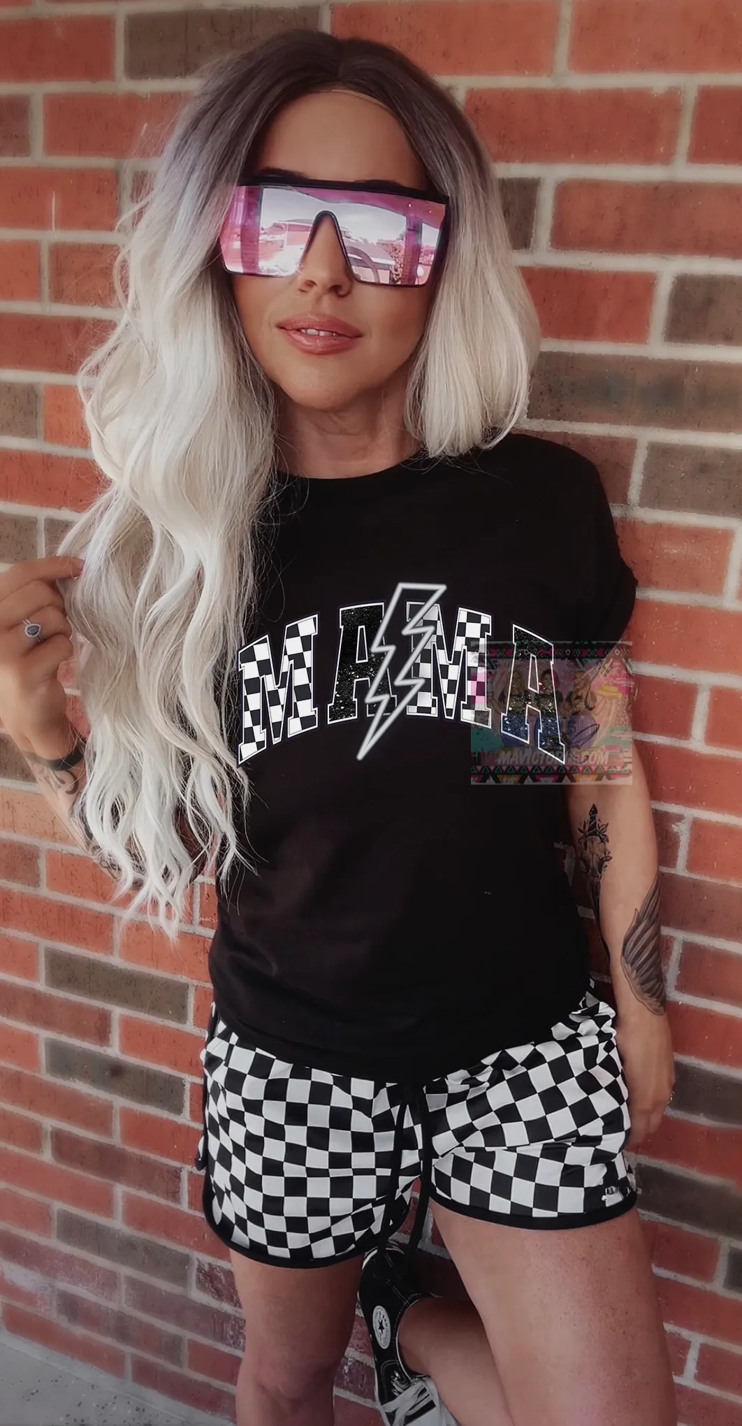 Black comfort colors Graphic tee Checkered lightning mama // checkered shorts available separately