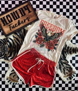Comfort colors ivory FREEDOM graphic tee paired with our red BOOT STITCH SHORTS //sold separately