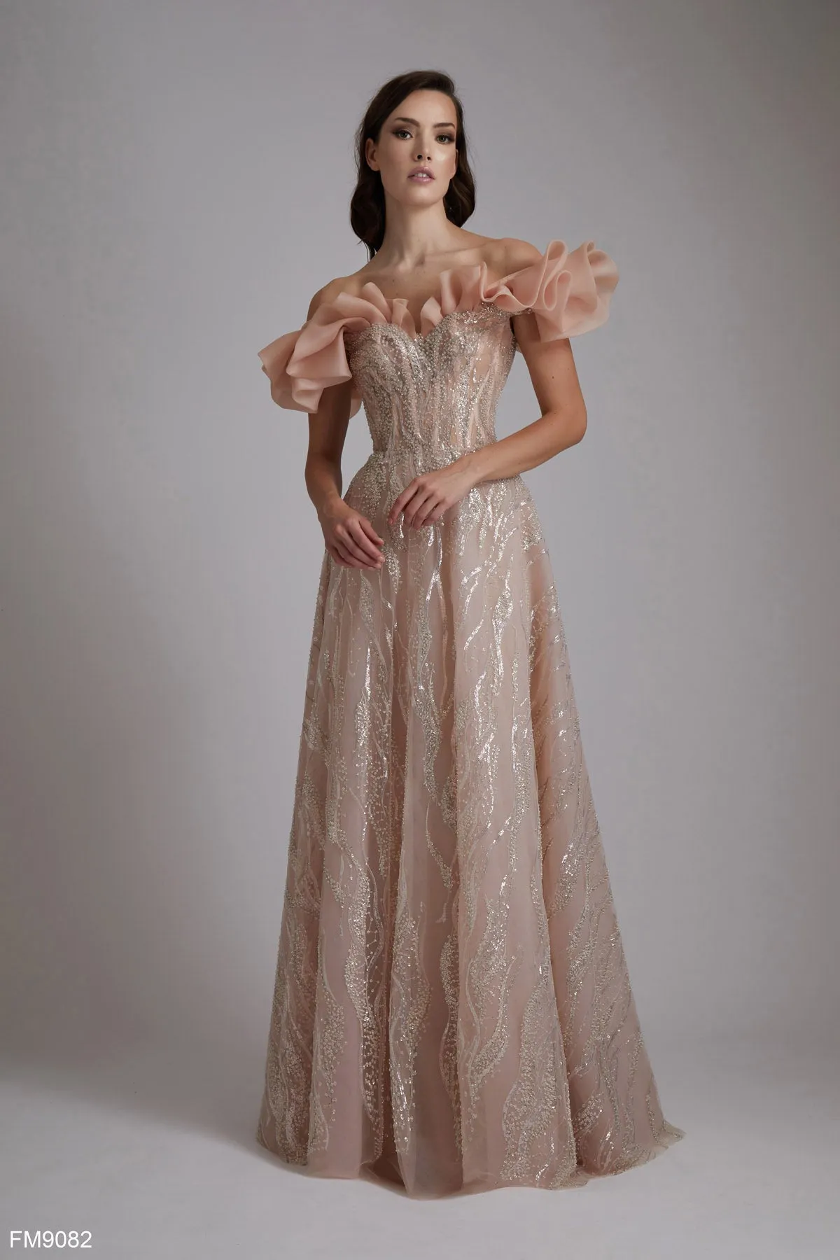 Elegant Pink Off-Shoulder Ruffle Gown with Beaded Bodice