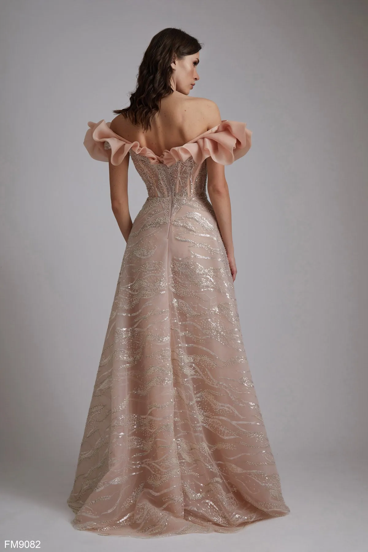 Elegant Pink Off-Shoulder Ruffle Gown with Beaded Bodice