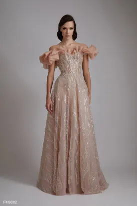 Elegant Pink Off-Shoulder Ruffle Gown with Beaded Bodice
