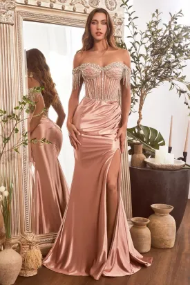 EMBELLISHED OFF THE SHOULDER SATIN GOWN CDCD821