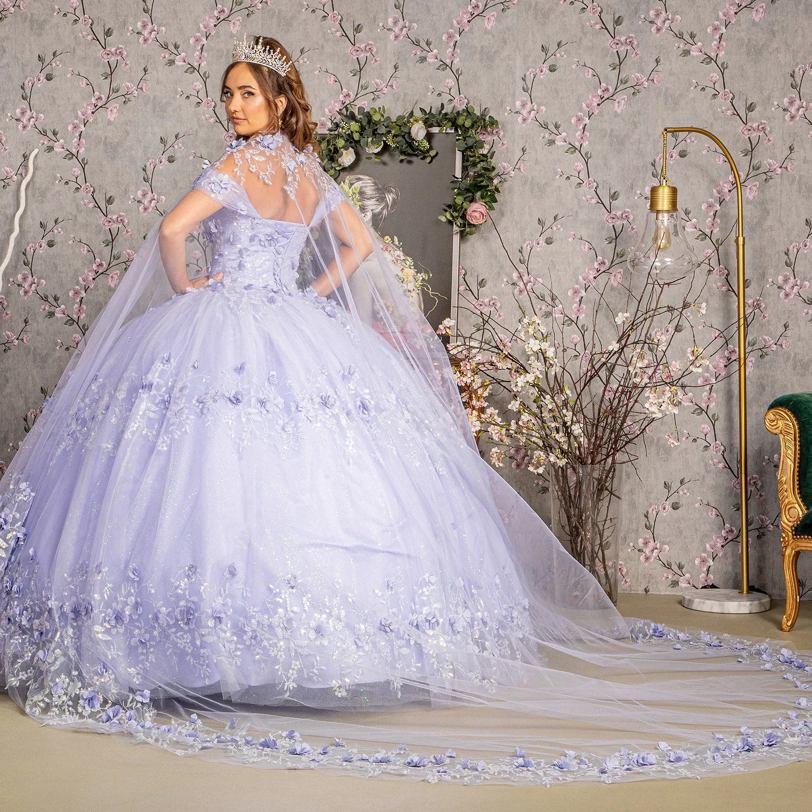 Glitter 3-D Flower Applique Mesh Quinceanera Gown Long Mesh Cape GLGL3179