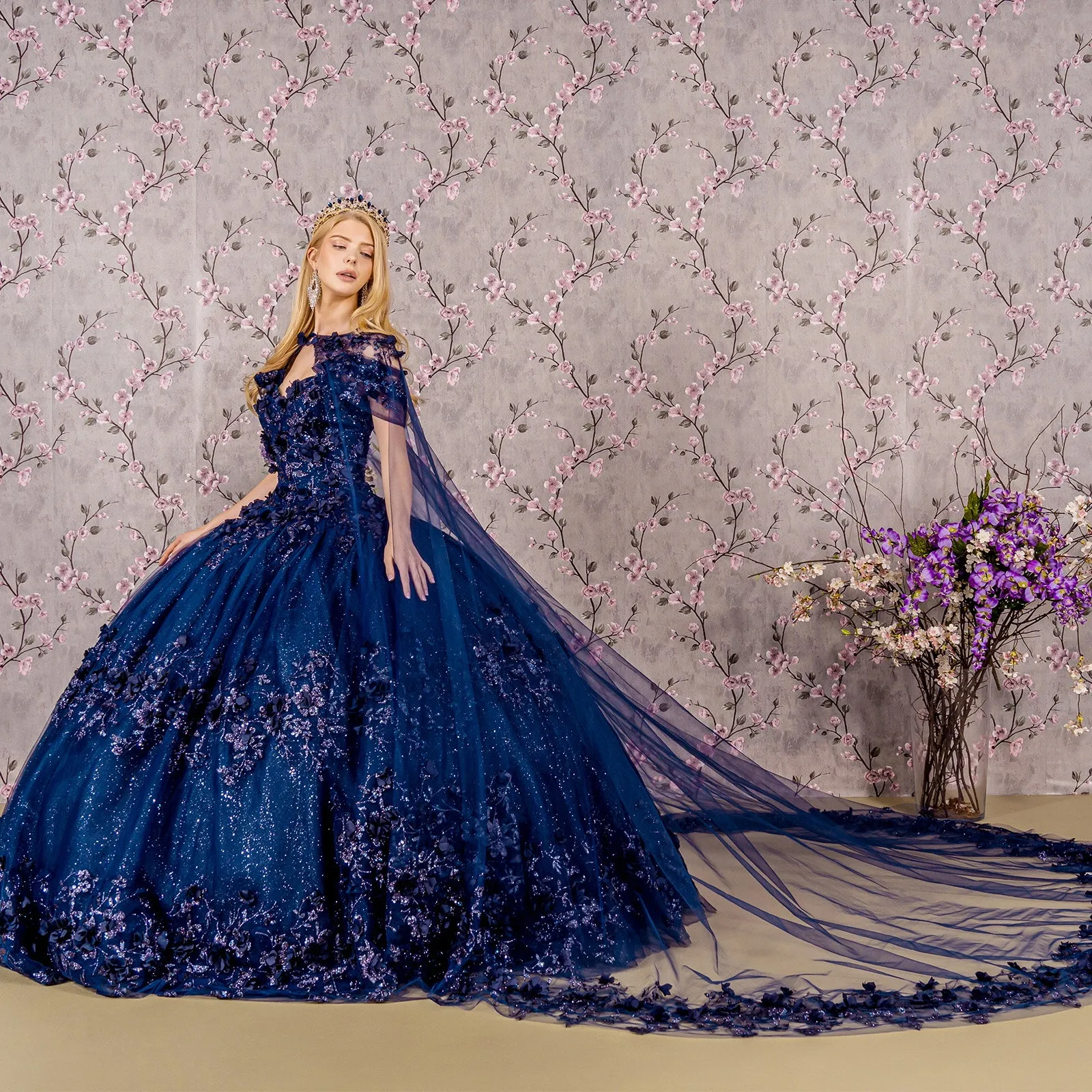Glitter 3-D Flower Applique Mesh Quinceanera Gown Long Mesh Cape GLGL3179