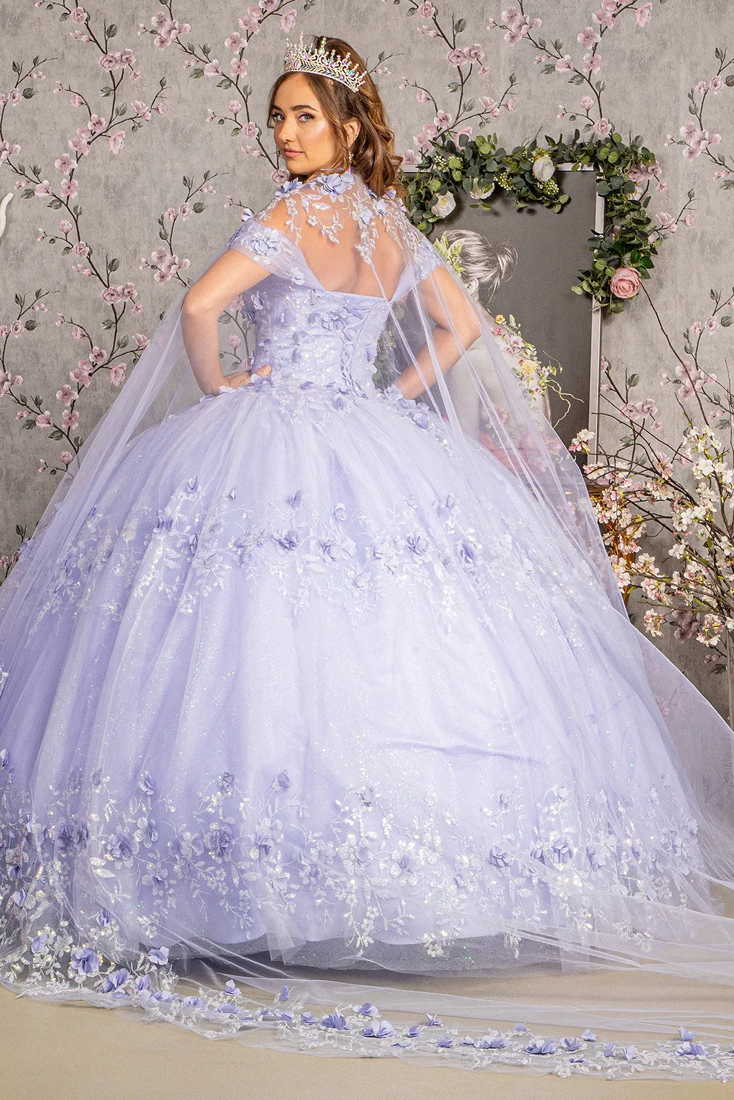 Glitter 3-D Flower Applique Mesh Quinceanera Gown Long Mesh Cape GLGL3179