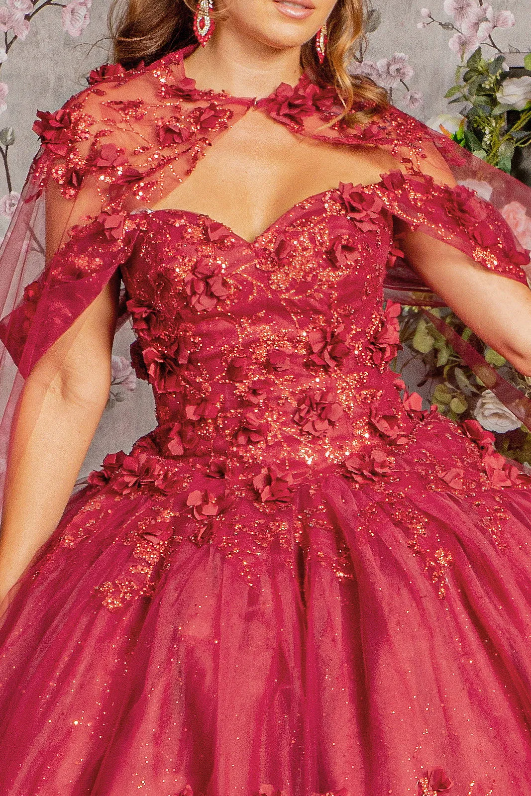 Glitter 3-D Flower Applique Mesh Quinceanera Gown Long Mesh Cape GLGL3179