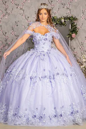 Glitter 3-D Flower Applique Mesh Quinceanera Gown Long Mesh Cape GLGL3179