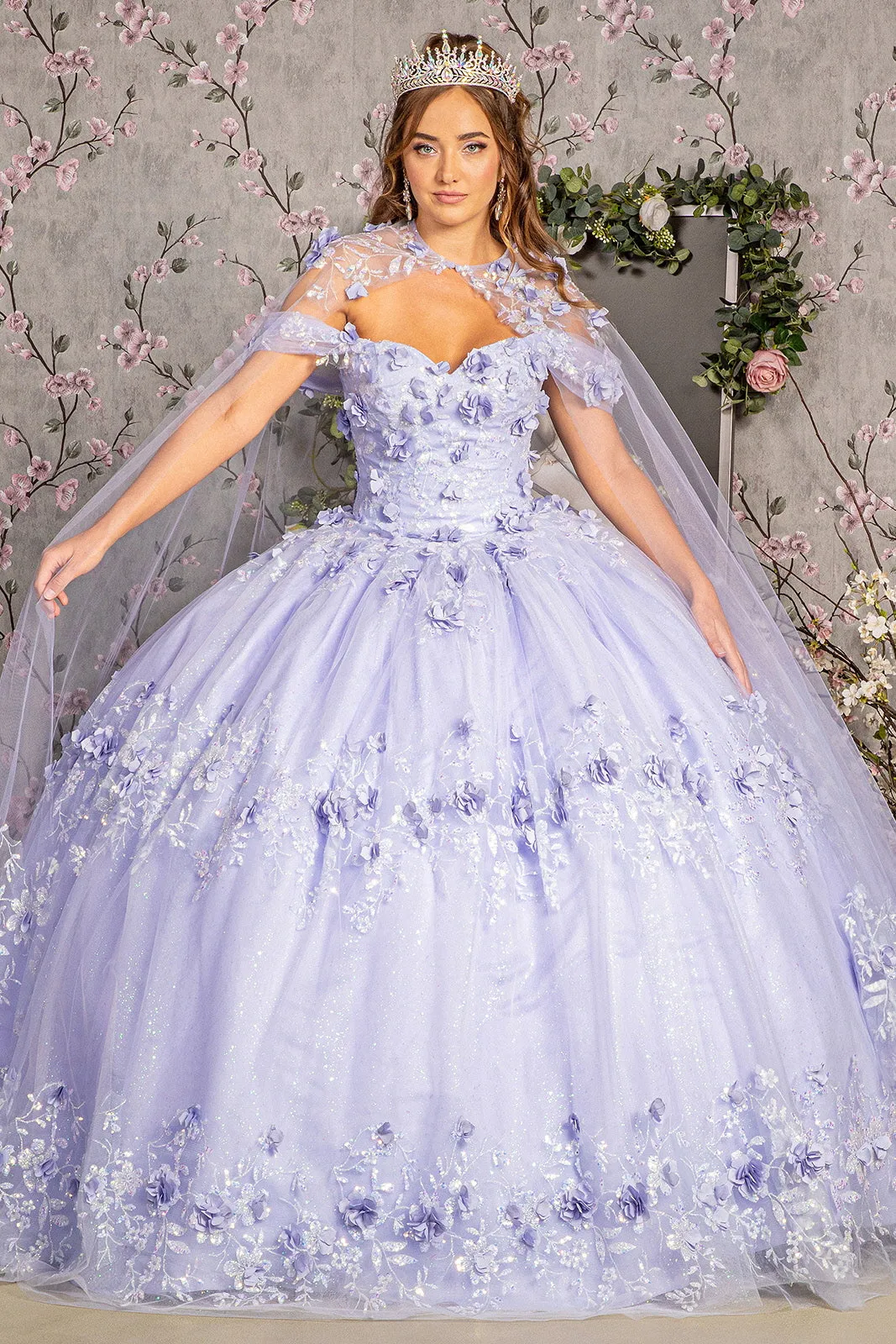 Glitter 3-D Flower Applique Mesh Quinceanera Gown Long Mesh Cape GLGL3179