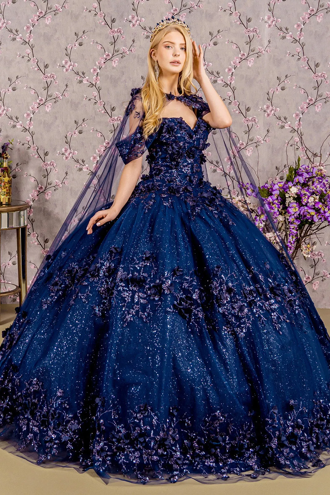 Glitter 3-D Flower Applique Mesh Quinceanera Gown Long Mesh Cape GLGL3179