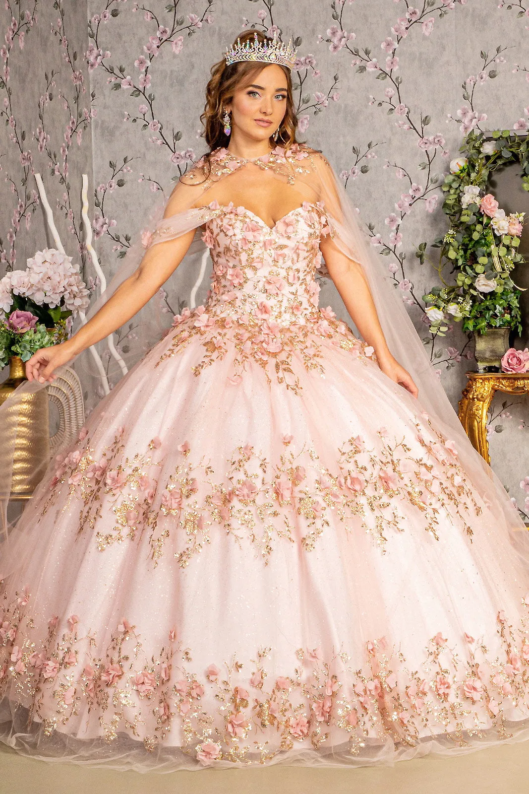 Glitter 3-D Flower Applique Mesh Quinceanera Gown Long Mesh Cape GLGL3179