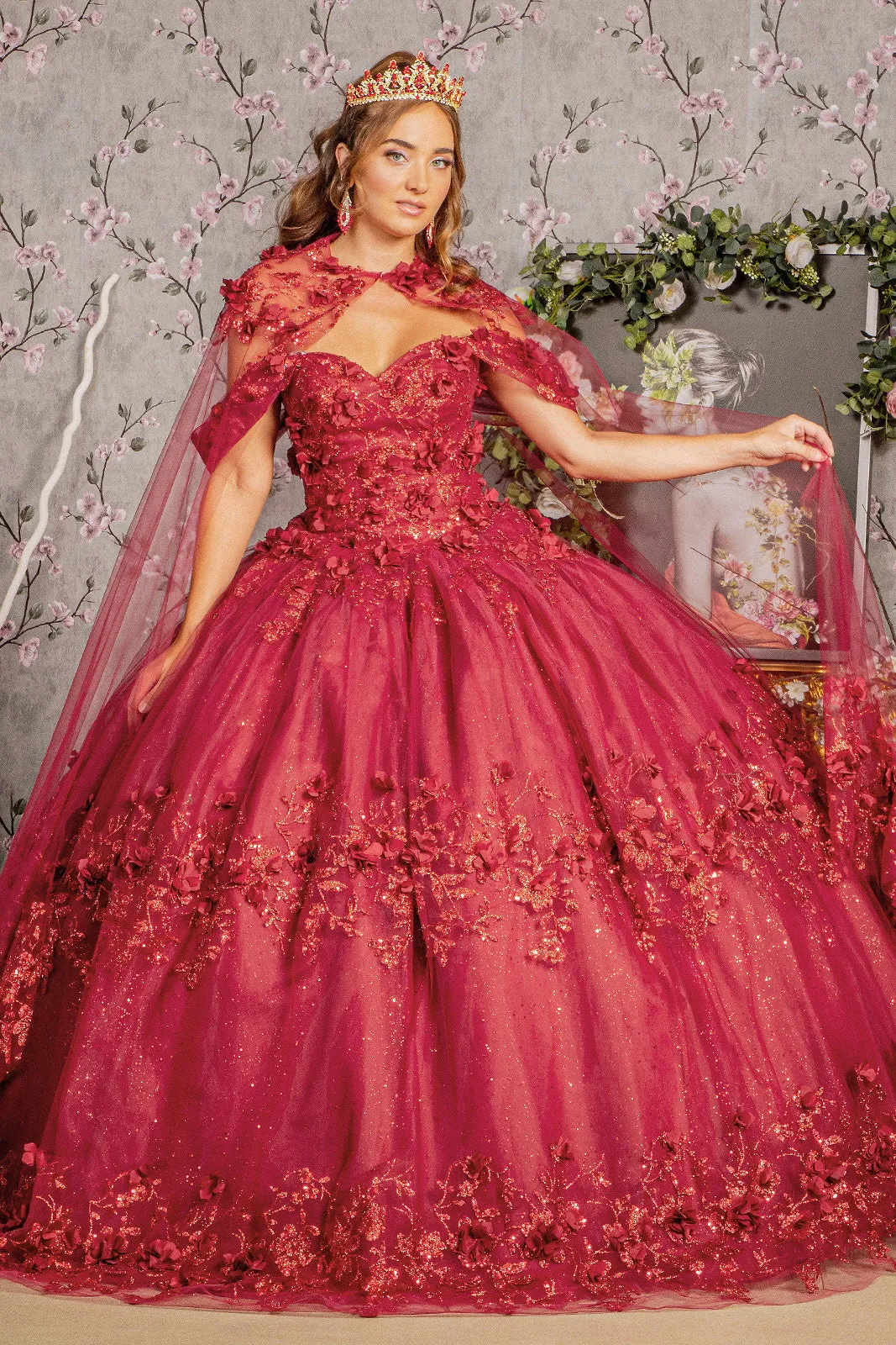 Glitter 3-D Flower Applique Mesh Quinceanera Gown Long Mesh Cape GLGL3179