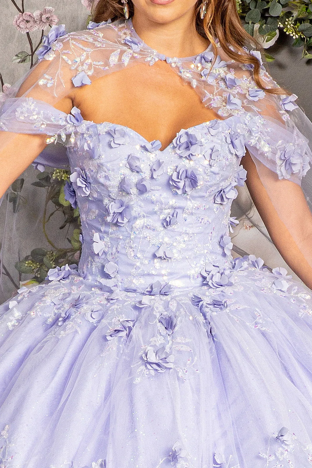 Glitter 3-D Flower Applique Mesh Quinceanera Gown Long Mesh Cape GLGL3179