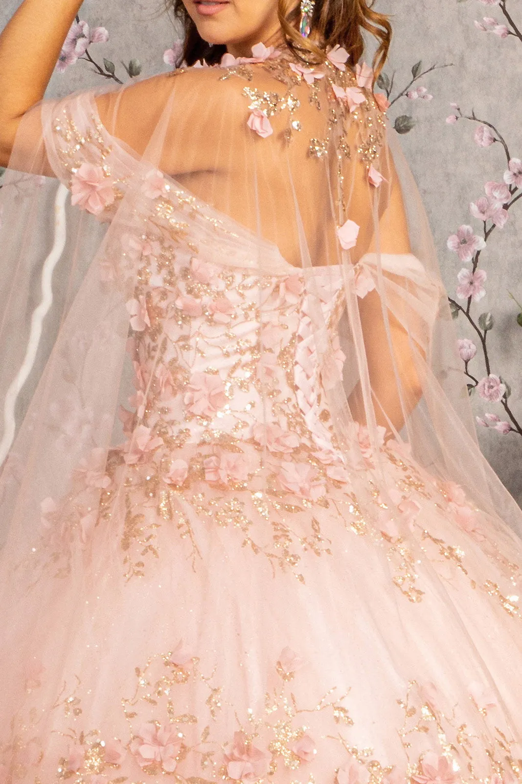 Glitter 3-D Flower Applique Mesh Quinceanera Gown Long Mesh Cape GLGL3179