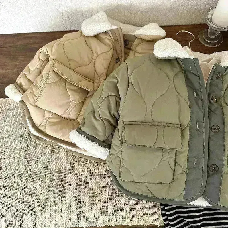 Korean Style Lamb Fur Collar Fleece-lined Thickened Cotton-padded Coat Fashion