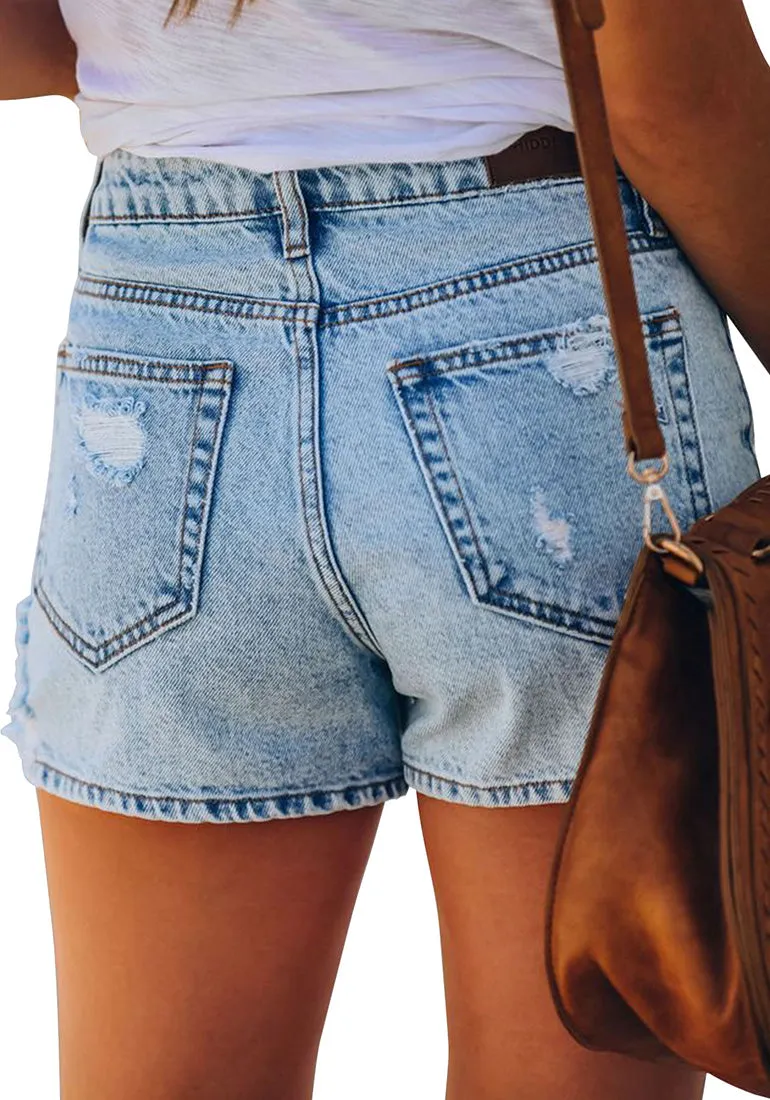Light Blue Mid-Waist Distressed Washed Denim Shorts