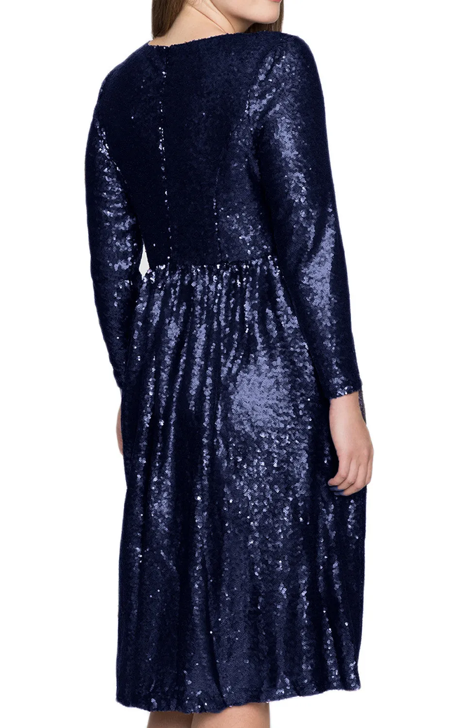 MACloth Long Sleeves Sequin Midi Cocktail Party Dress Dark Navy Formal Gown