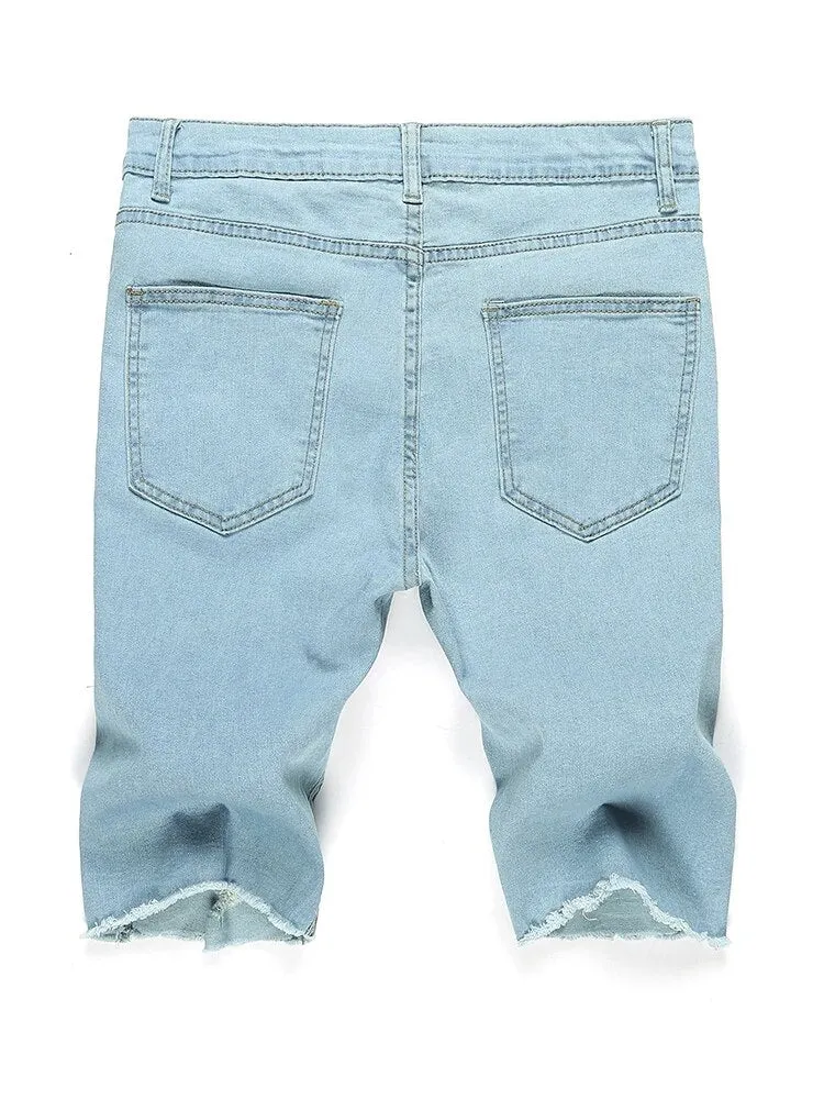 Men Stretch Light Blue Ripped Denim Shorts