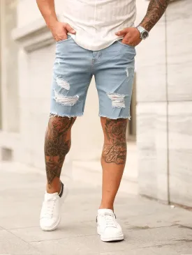 Men Stretch Light Blue Ripped Denim Shorts