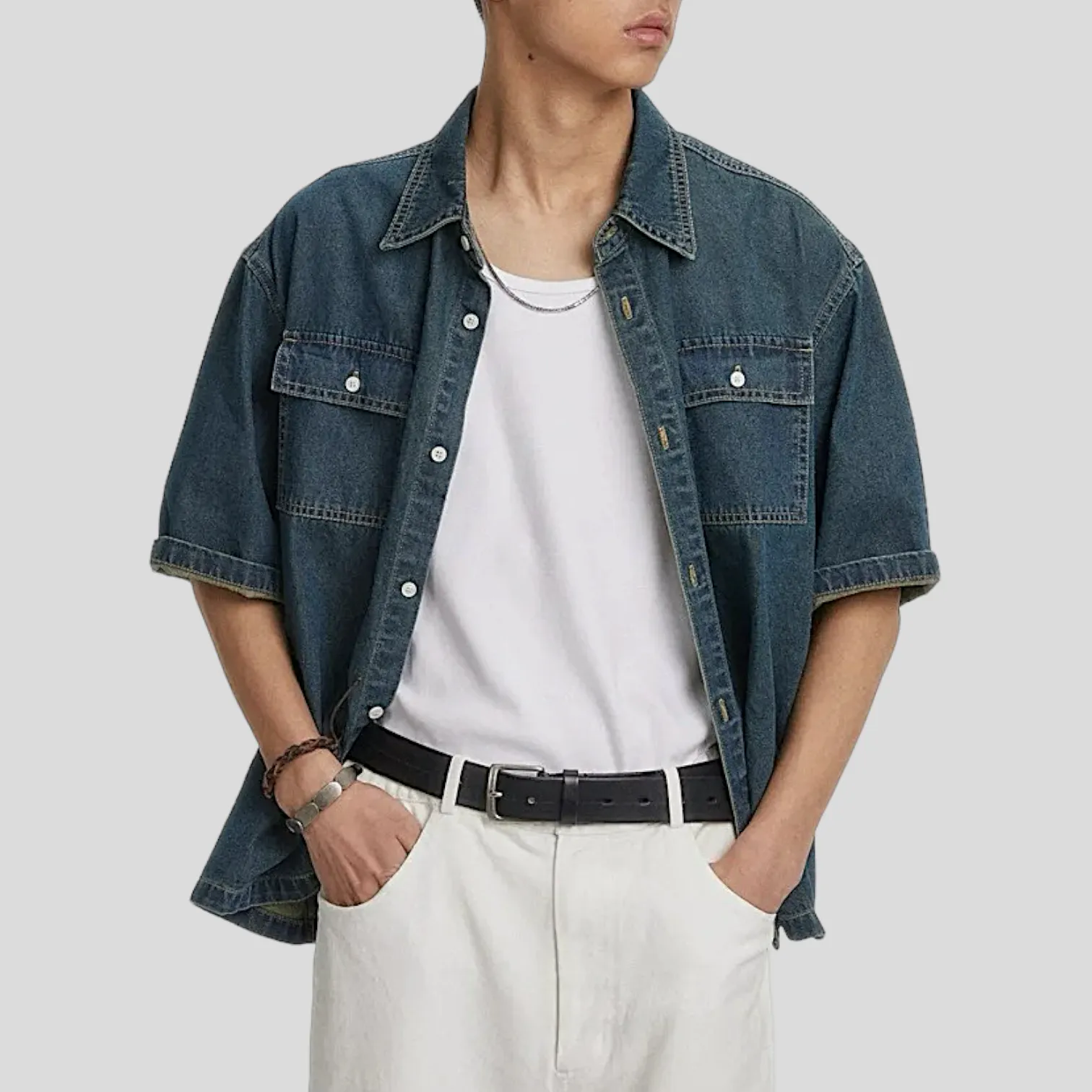 Old school oversized fit denim short sleeve shirt