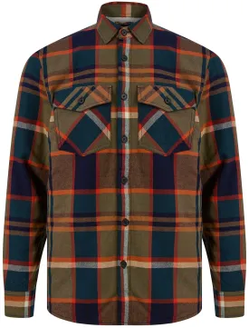 Pokhara Borg Lined Cotton Flannel Checked Overshirt Jacket in Green / Navy - Tokyo Laundry