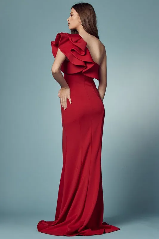 Red One Shoulder Solid Ruffle Shoulder Gown