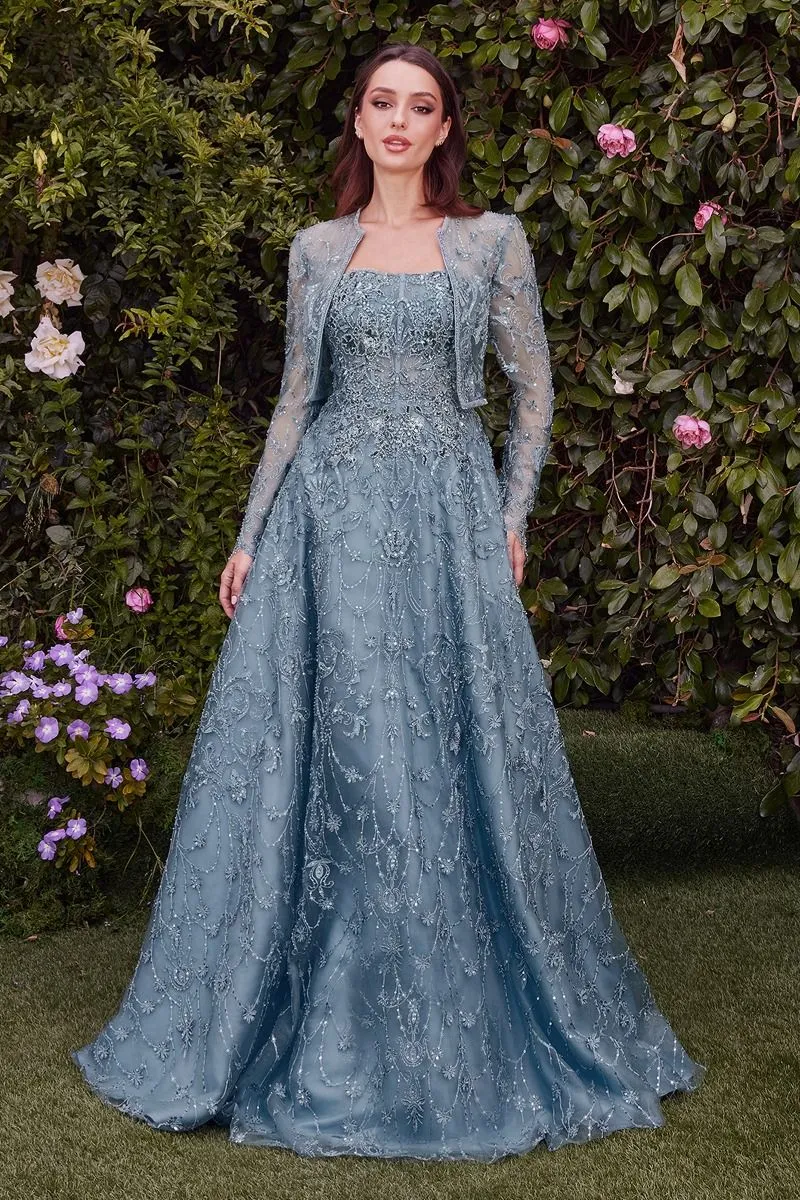 STRAPLESS EMBROIDERED BALL GOWN WITH REMOVABLE JACKET CDMA104