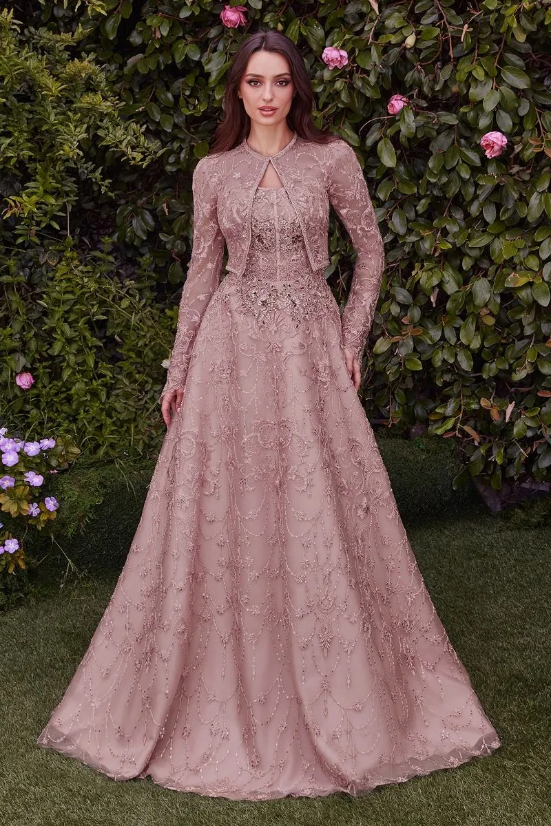 STRAPLESS EMBROIDERED BALL GOWN WITH REMOVABLE JACKET CDMA104