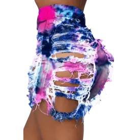 Tie Dye Denim Ripped Shorts