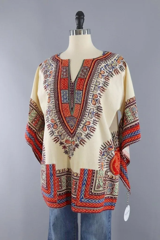 Vintage 1970s Ivory Cotton Hippie Tunic