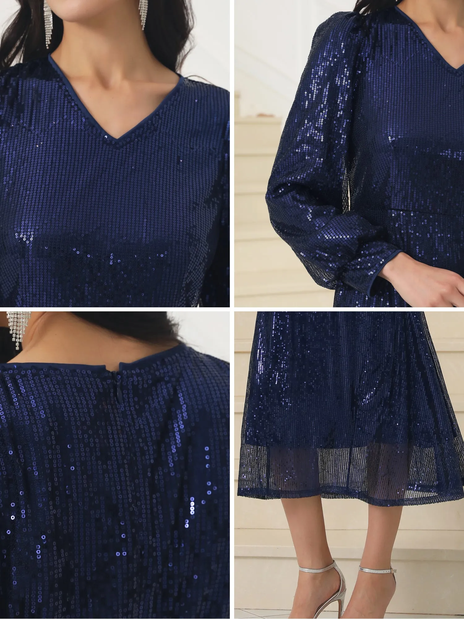 Women's Sequin Sparkly Dresses Long Sleeve V Neck Cocktail Party Midi Dress