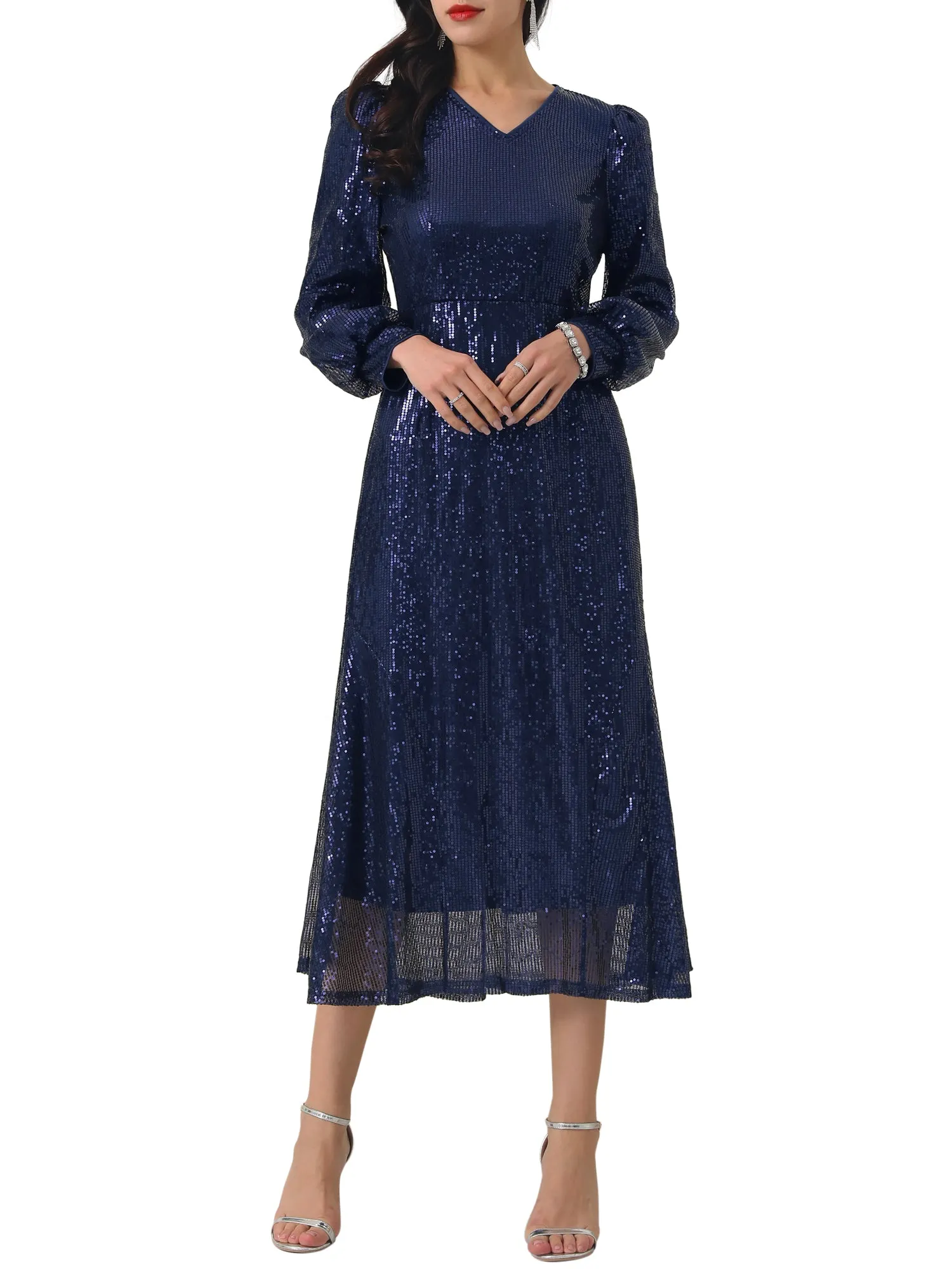 Women's Sequin Sparkly Dresses Long Sleeve V Neck Cocktail Party Midi Dress
