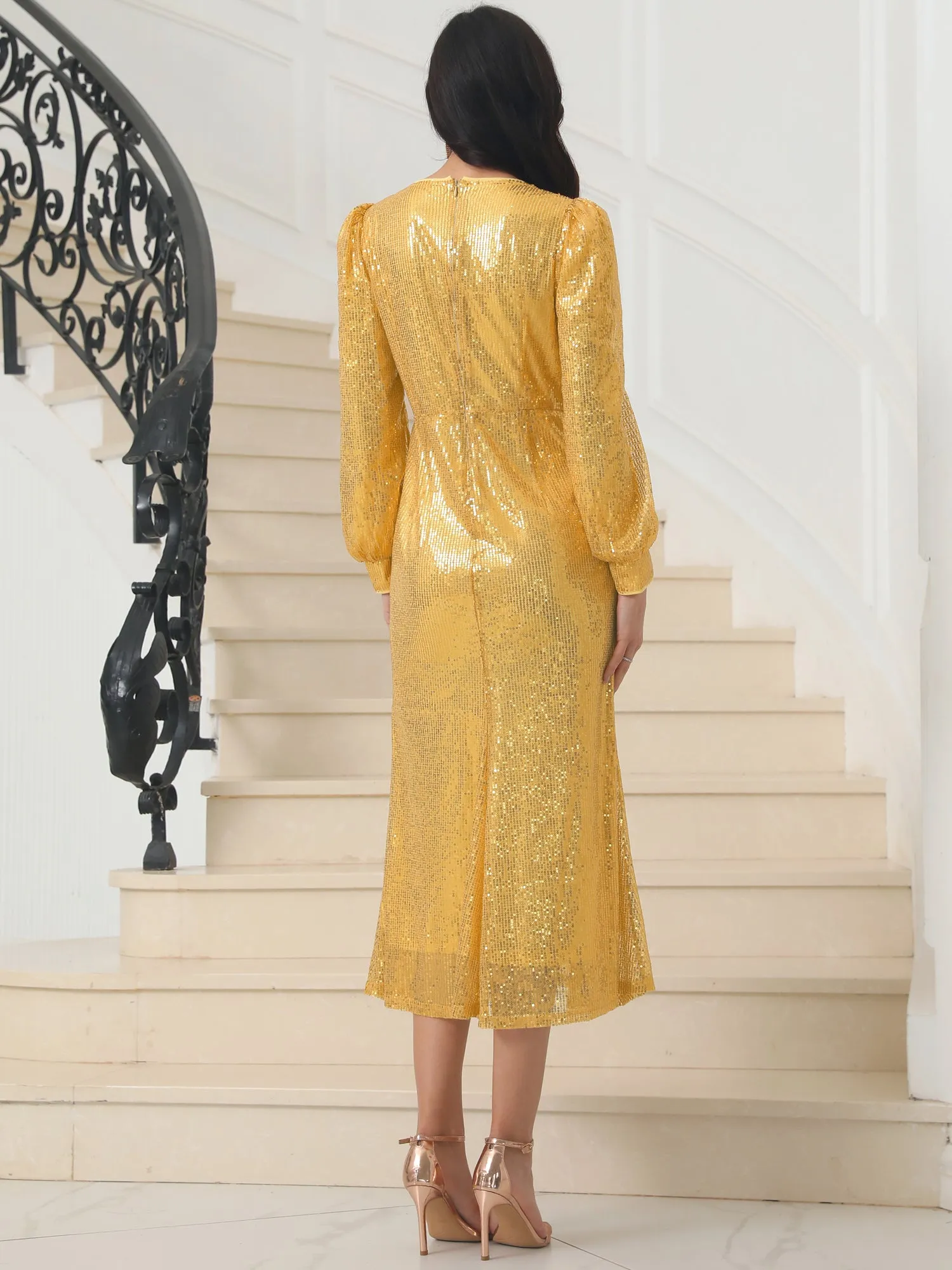 Women's Sequin Sparkly Dresses Long Sleeve V Neck Cocktail Party Midi Dress