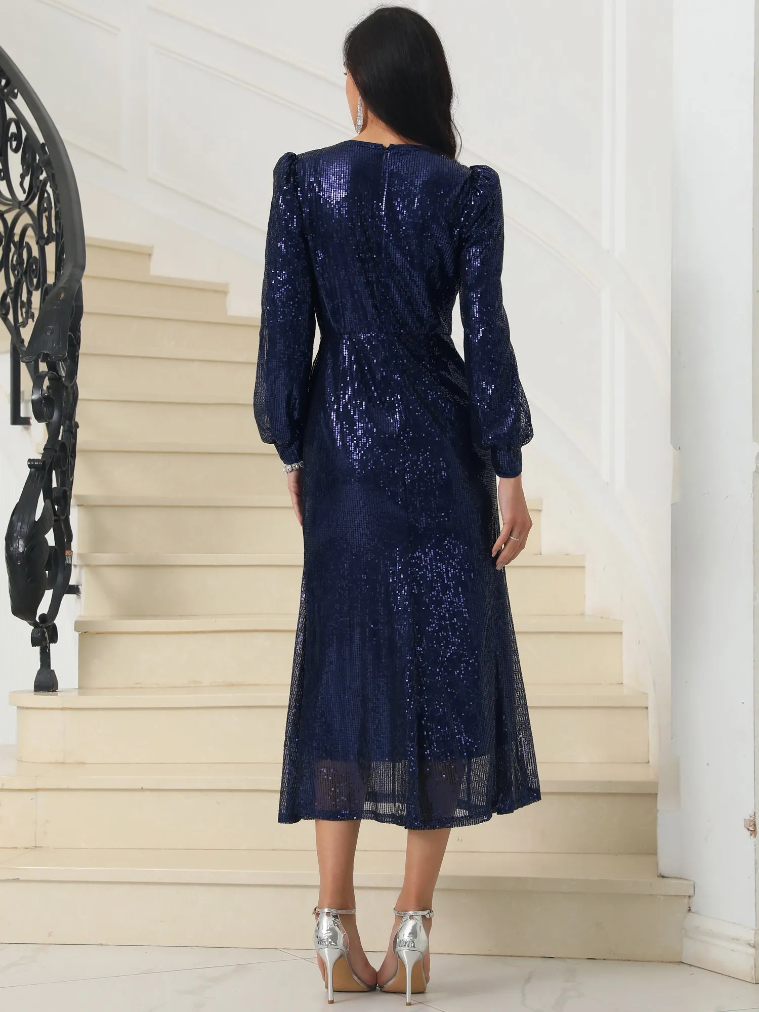 Women's Sequin Sparkly Dresses Long Sleeve V Neck Cocktail Party Midi Dress
