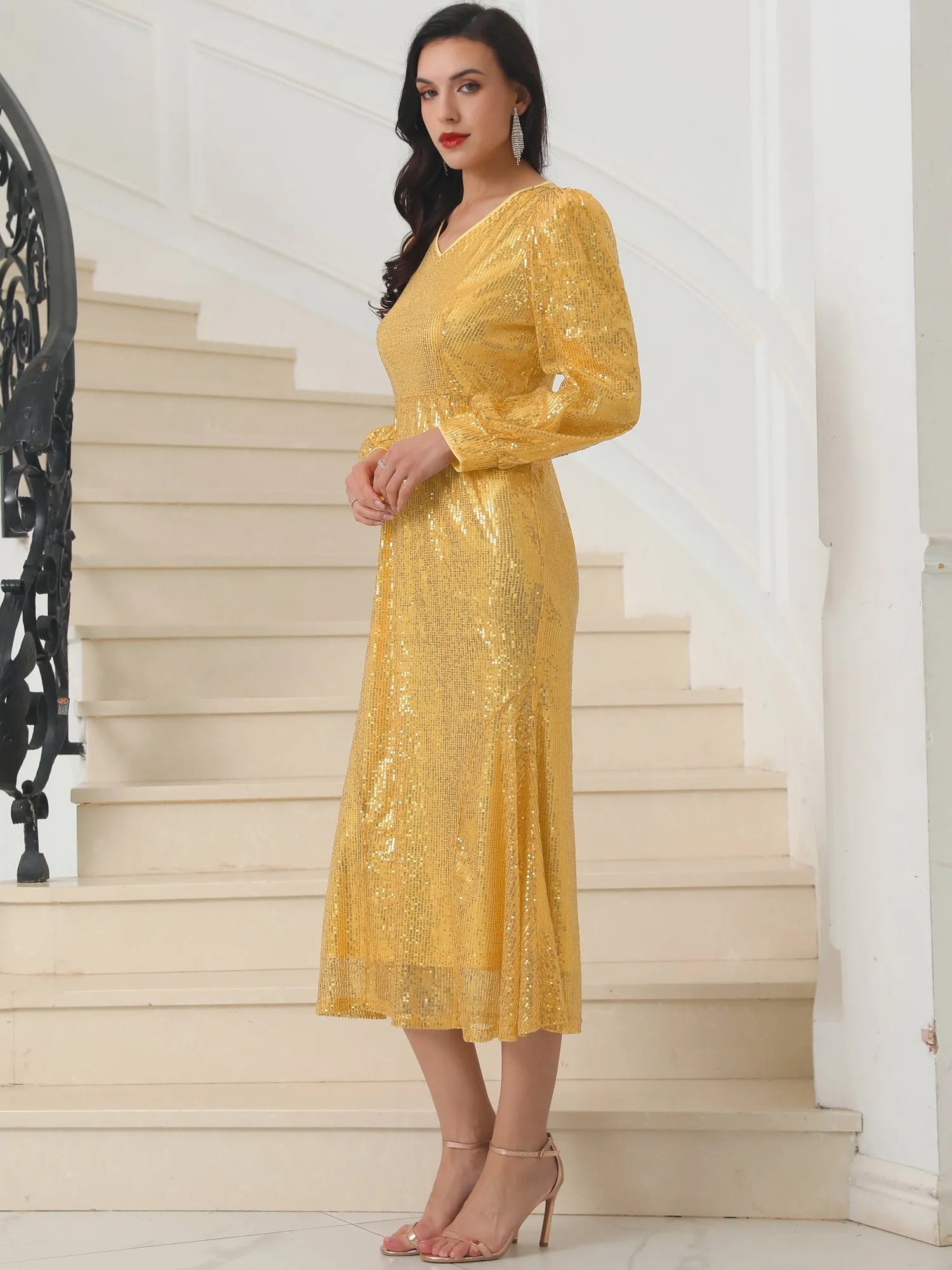 Women's Sequin Sparkly Dresses Long Sleeve V Neck Cocktail Party Midi Dress