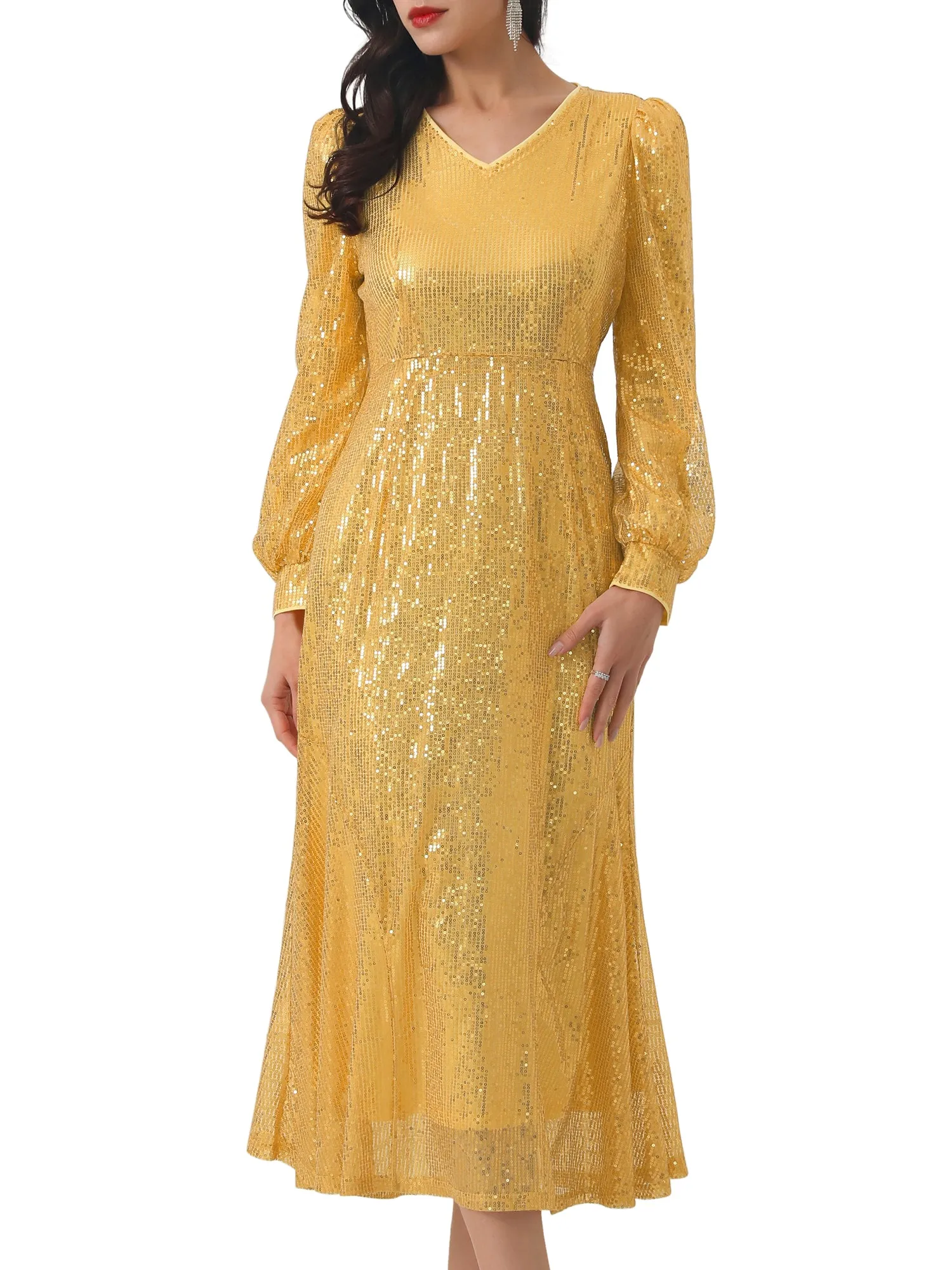 Women's Sequin Sparkly Dresses Long Sleeve V Neck Cocktail Party Midi Dress