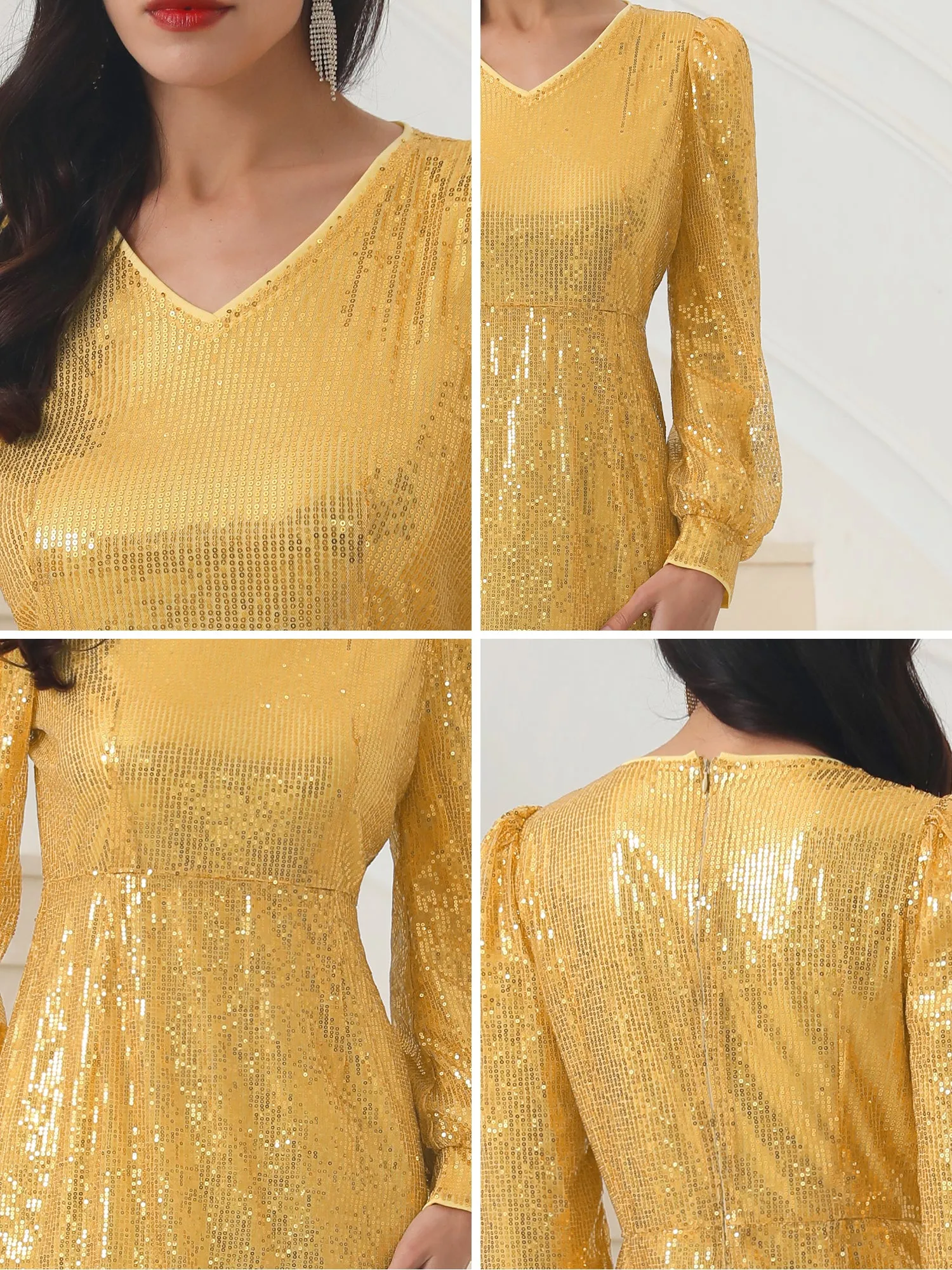 Women's Sequin Sparkly Dresses Long Sleeve V Neck Cocktail Party Midi Dress